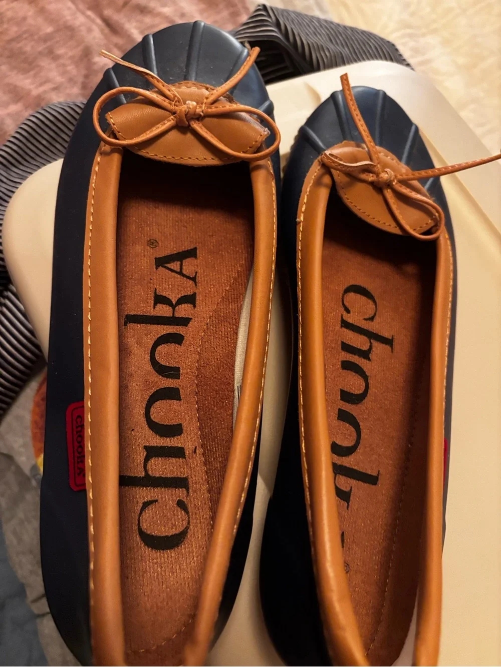 chooka Navy and Tan Rubber Ballet Flats with Bow Trim